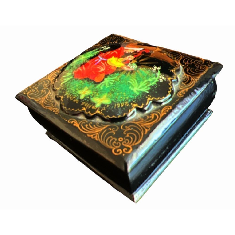 Vintage Enamel Black Trinket Box w/  Beautiful Scene on Top